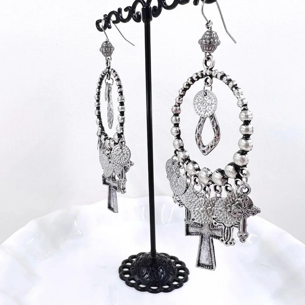 NWT – Charming Charlie – Cross & Disk Charms Silver Tone Dangle 4” Earrings - Picture 4 of 9
